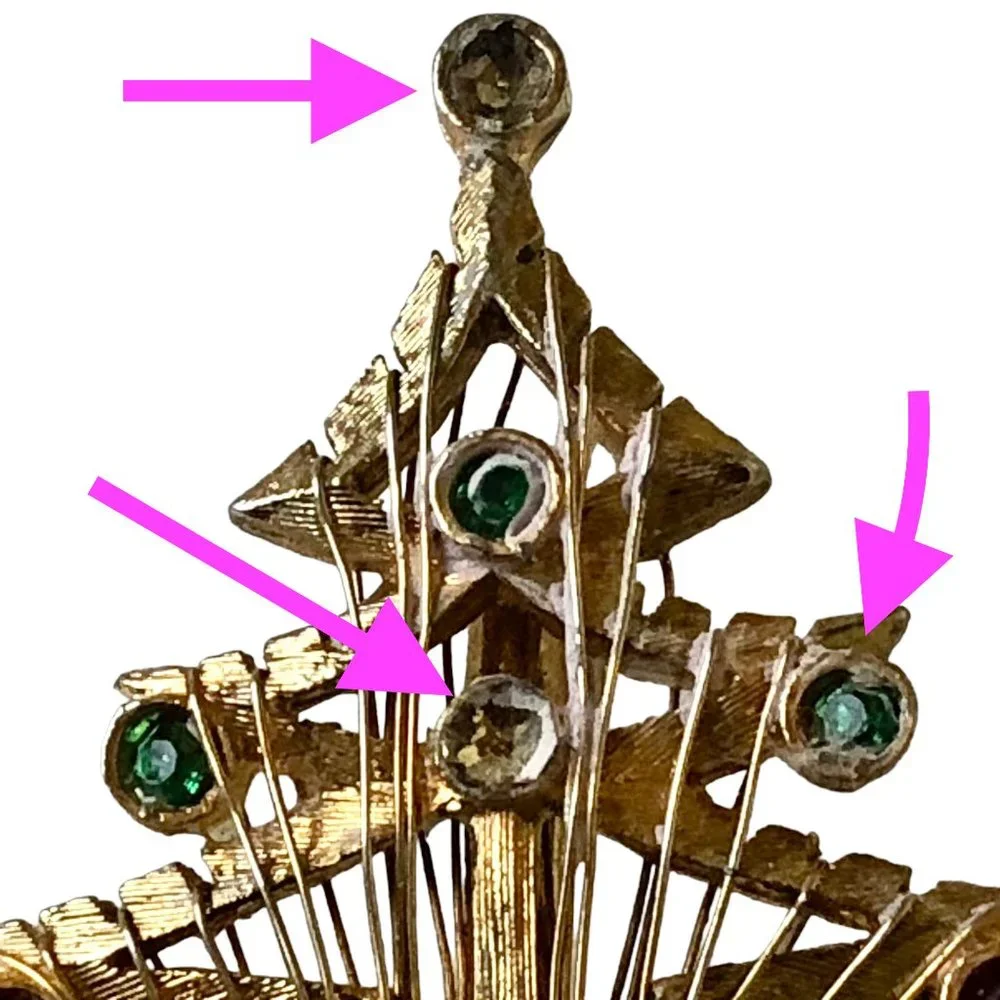 Vintage LJM Christmas Tree Pin Brooch Rhinestones Wire Harp Design Signed FLAWS